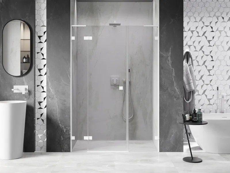 Mexen Lunar L, Otočné ľavé sprchové dvere 145 cm, 8mm číre sklo, biely profil, 834SL-145-050-20-00-L