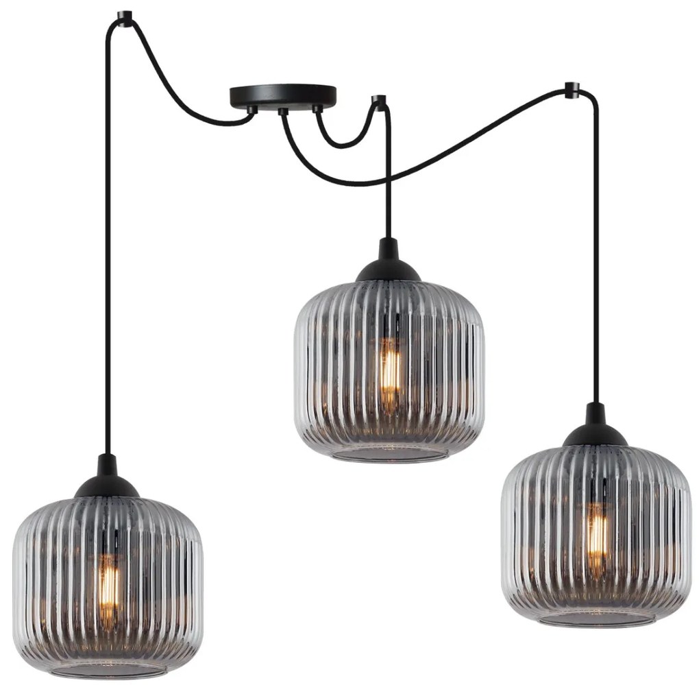 Závesné svietidlo Riffle Spider, 3x grafitové sklenené tienidlo
