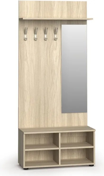 Vešiaková stena s botníkom a zrkadlom PRIMO WOOD, 4 háčiky, polica, roky zvisle, dub prírodný