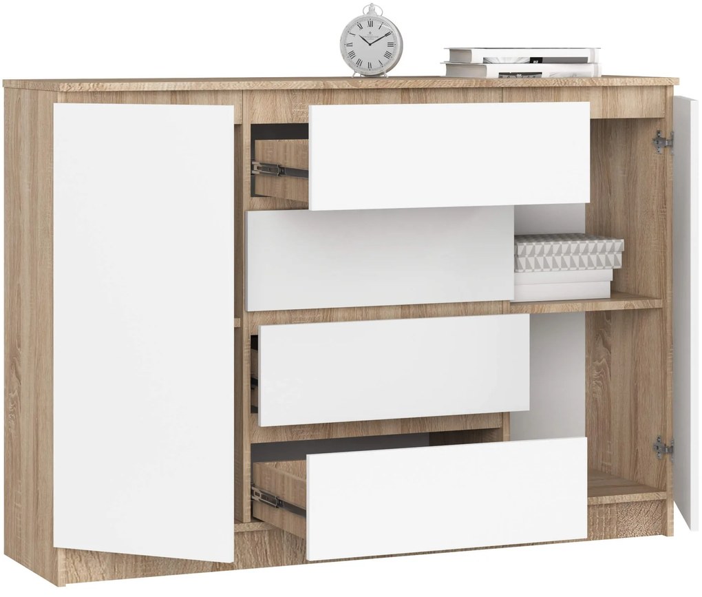 Komoda Krištof 140 cm 2 skrinky a 4 zásuvky dub sonoma/biela