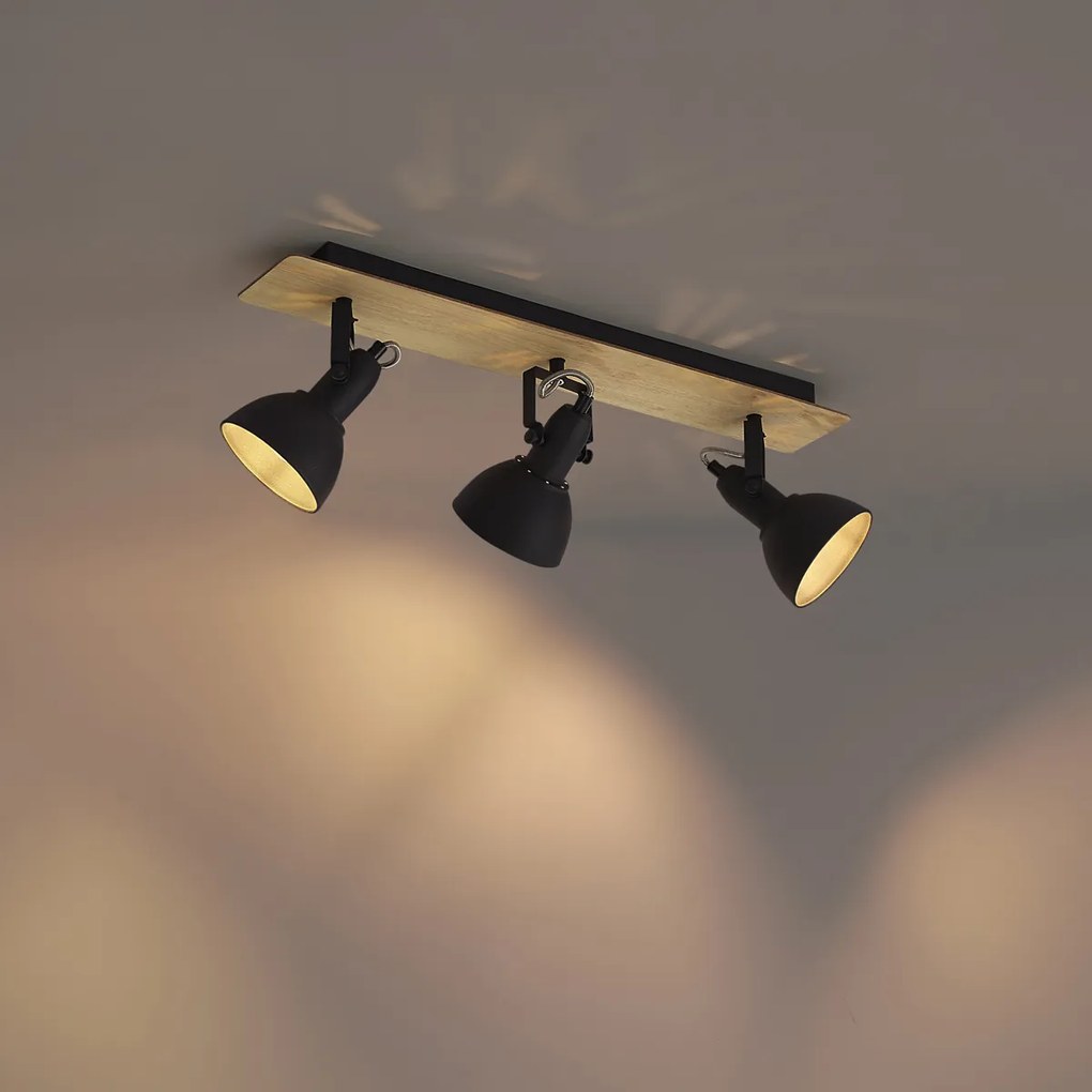 Stropný reflektor čierny s drevom 3-svetelný otočný a sklopný - Jakub