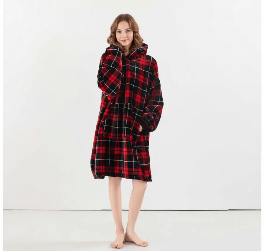 Baránková mikinová deka s rukávmi a kapucňou ALBURY, červená