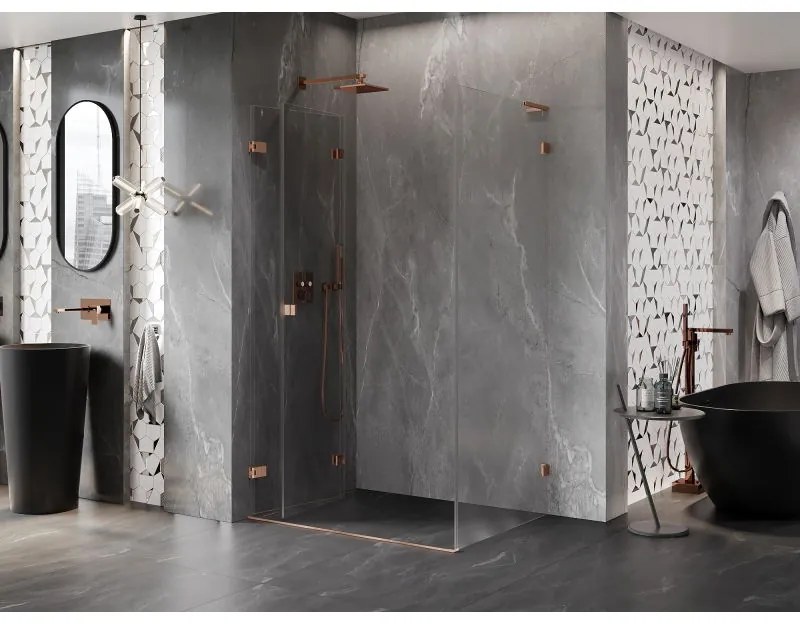 Mexen Lunar-F L, 1-krídlový sprchový kút so skladacími dverami, ľavý, 85 x 80 cm, 8mm číre sklo, medený profil, 836L-085-080-65-00-L