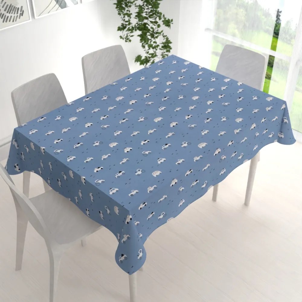Biante Detský bavlnený obdĺžnikový obrus Sandra SA-589 Traktory a autíčka na modrom 100x140 cm