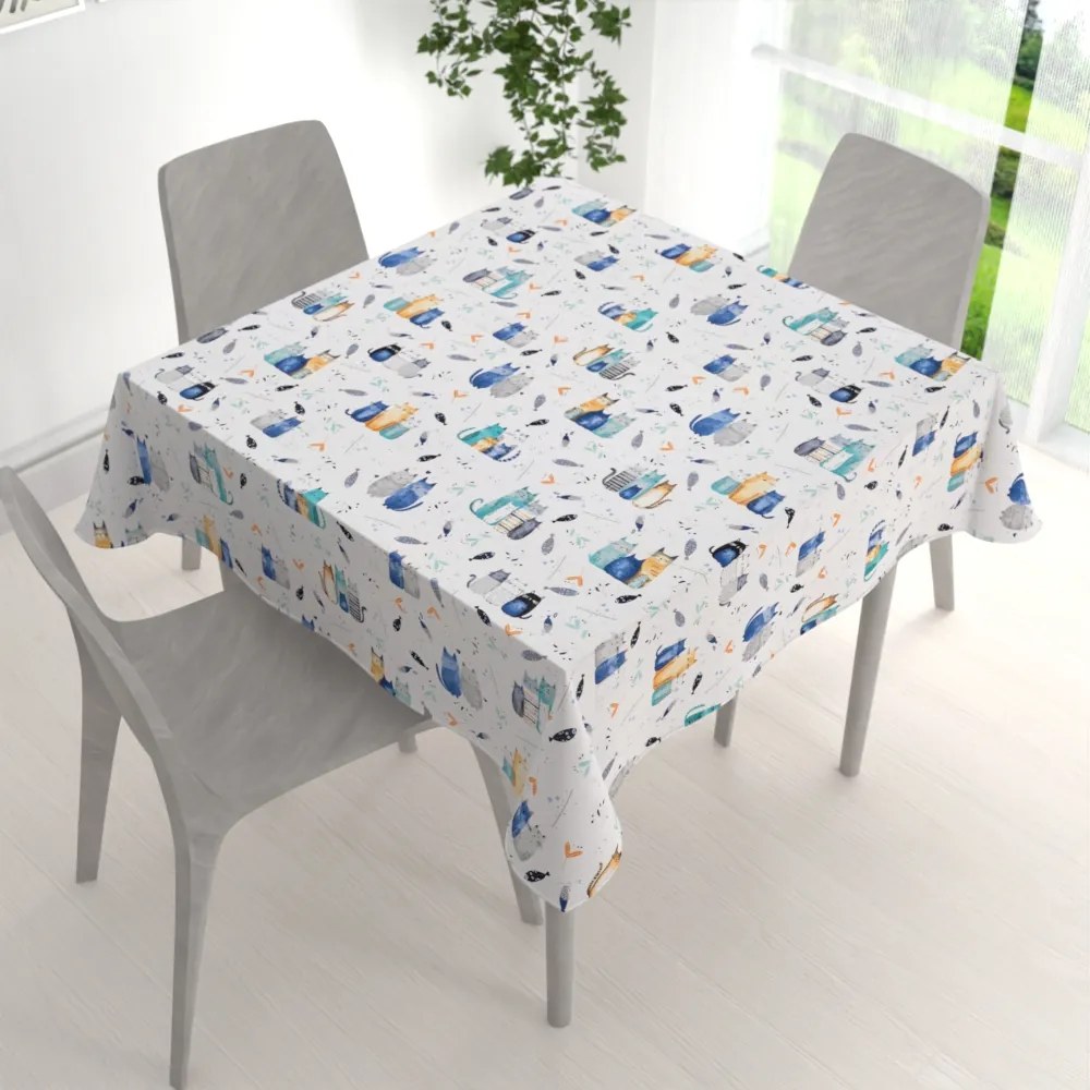 Biante Detský bavlnený štvorcový obrus Sandra SA-653 Mačací svet modrý na bielom 80x80 cm