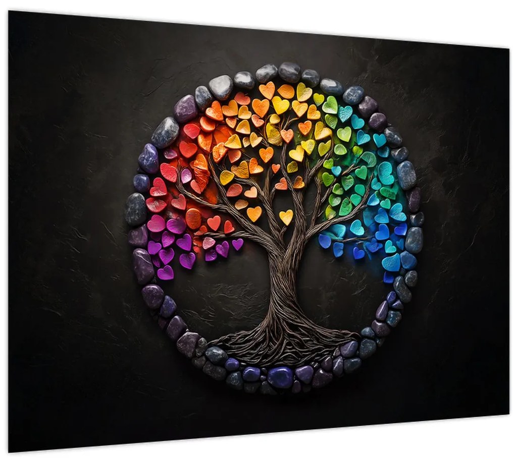 Sklenený obraz – Strom plný farebných sŕdc (70x50 cm)