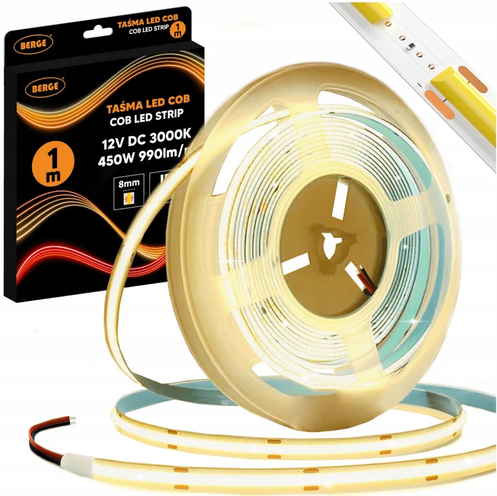 BERGE LED pásik COB Neon 12V - 480D - 9W/m - IP20 - 1m - 990lm - teplá farba