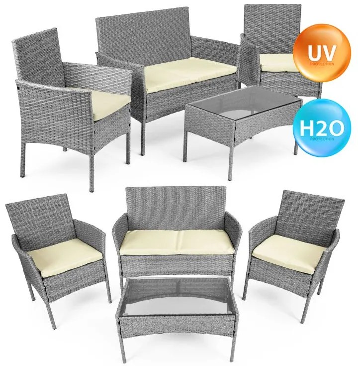 Záhradný set ratanového nábytku: Lavica + stolík + 2 kreslá - sivá