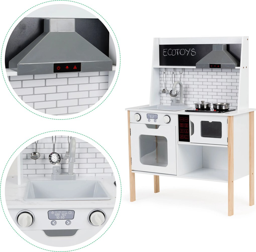 Drevená kuchynka pre deti ECOTOYS 3+ s LED, zvukom varenia, rúrou a mikrovlnkou