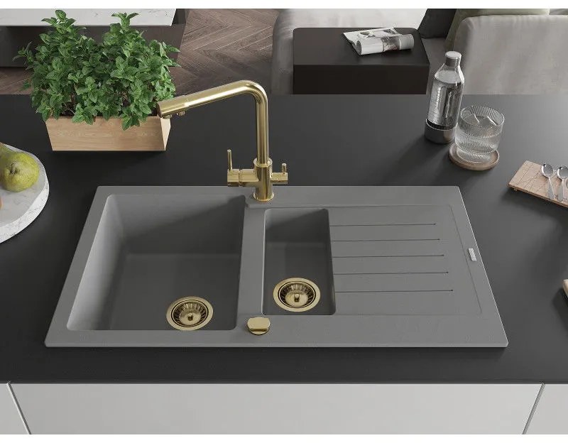 Mexen Matias, granitový drez 900x505x200 mm, 1,5-komorový a zlatá batéria Duero, šedá, 6502-71-671600-50