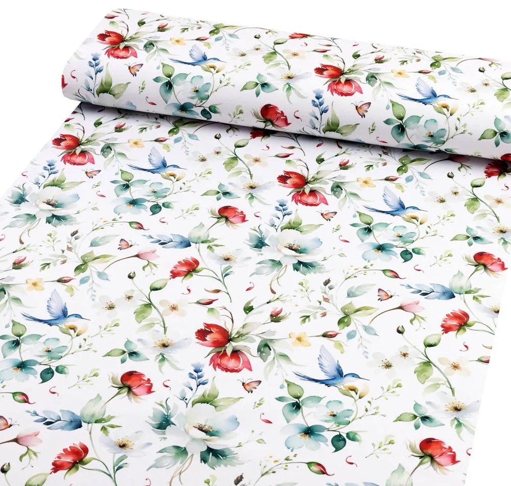 Biante Teflónový behúň na stôl TF-116 Akvarelové kvety s kolibríkmi na bielom 45x140 cm