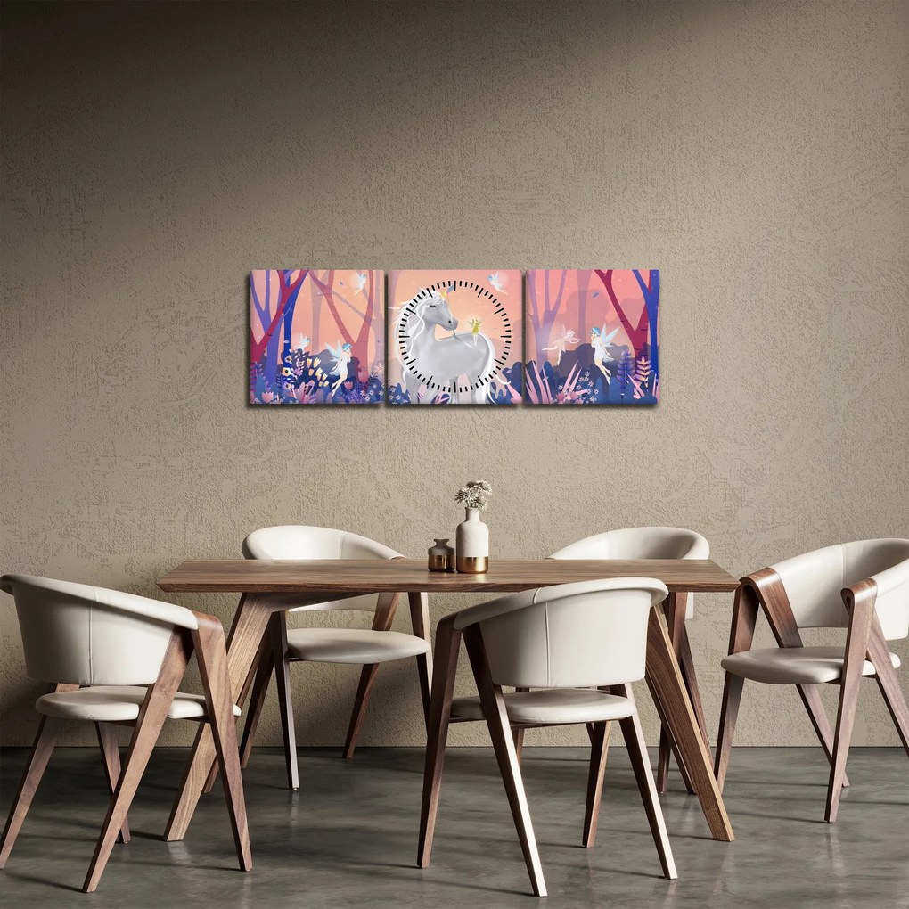 Obraz - Jednorožec v magickom lese (s hodinami) (90x30 cm)