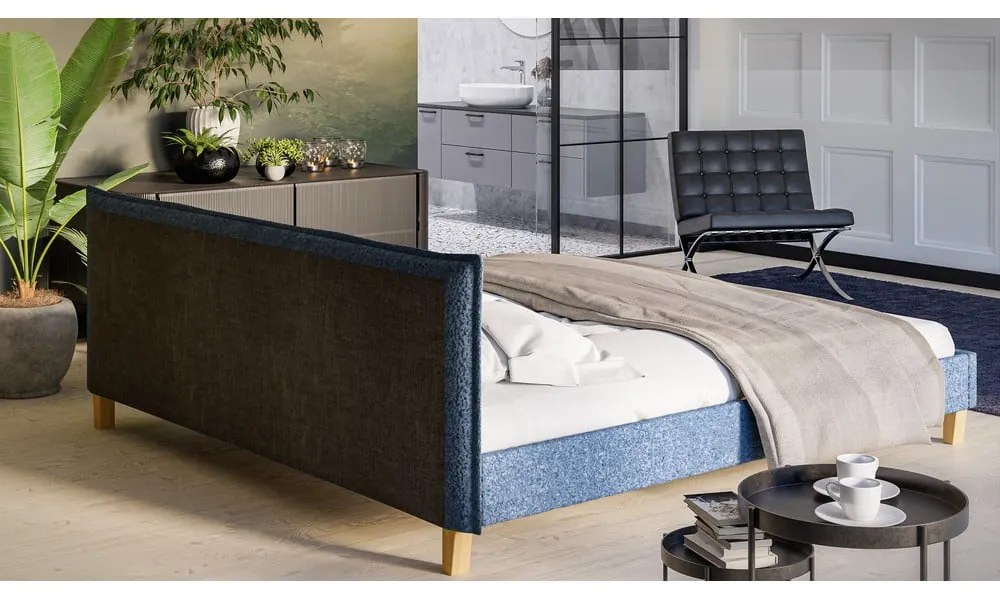 Modrá čalúnená dvojlôžková posteľ s roštom 200x200 cm Tina - Ropez