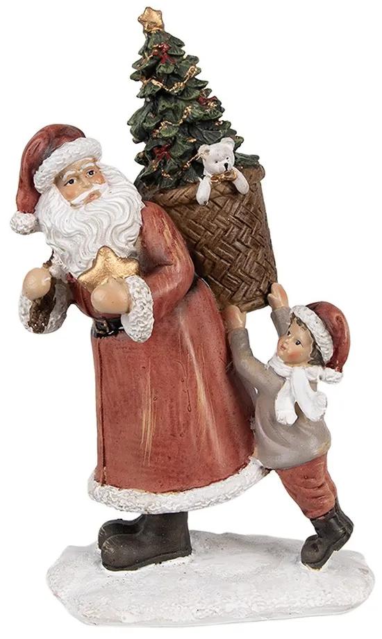 Červená vianočná dekorácia Santa so stromčekom v noši a chlapcom - 17*13*27 cm