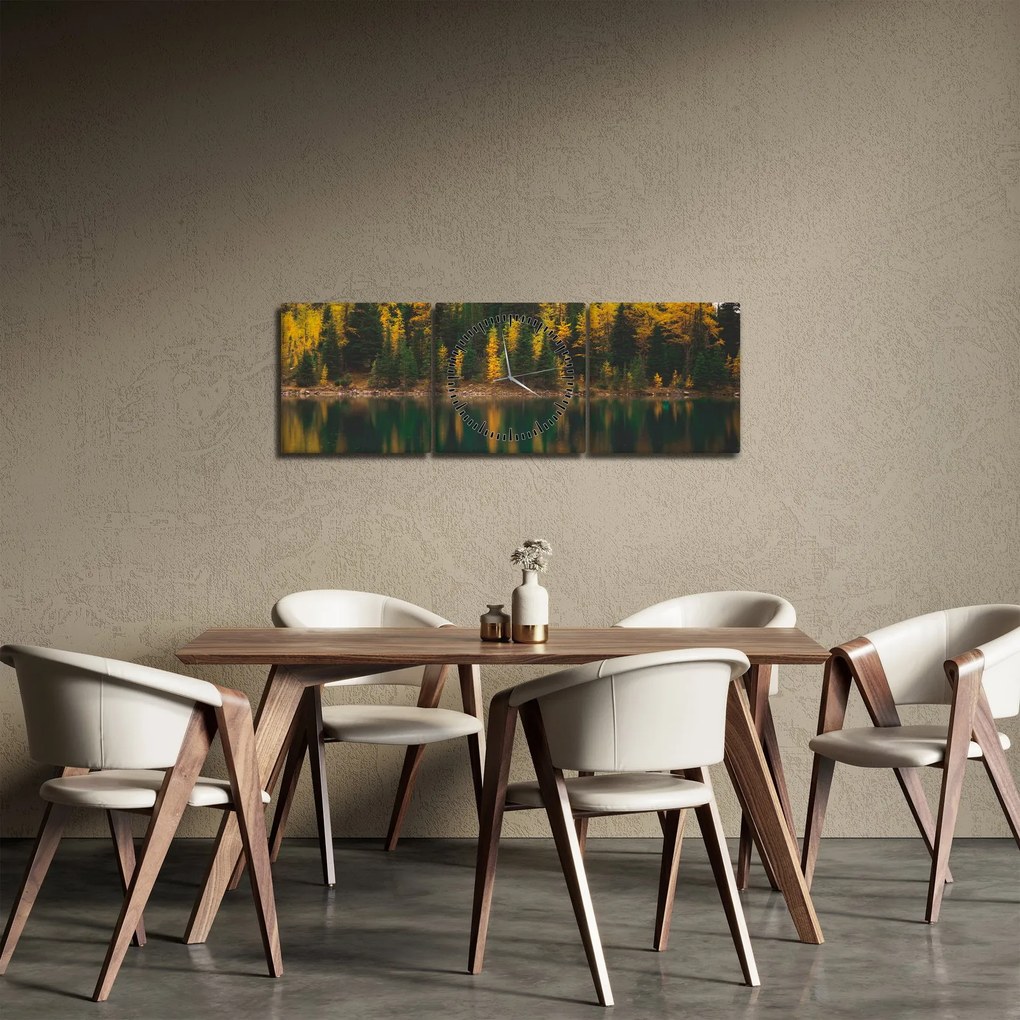 Obraz lesného jazera (s hodinami) (90x30 cm)