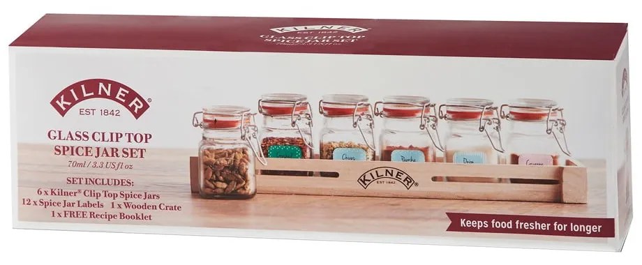 Súprava 6 koreničiek v drevenej poličke Kilner Herbs&Spices