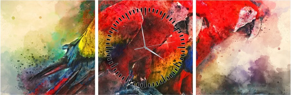 Obraz červených papagájov ara (s hodinami) (90x30 cm)