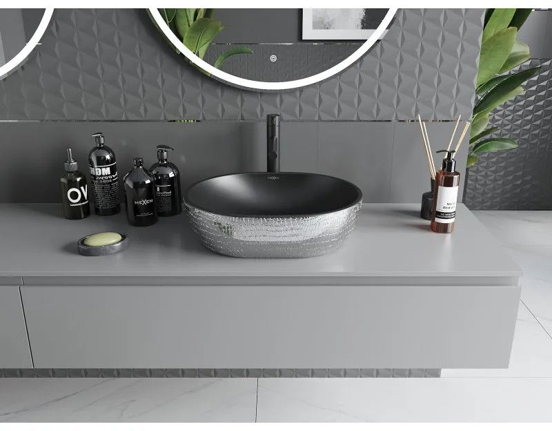 Mexen Viki, umývadlo na dosku 48x35x14 cm, čierna matná-strieborný vzor, 21054872