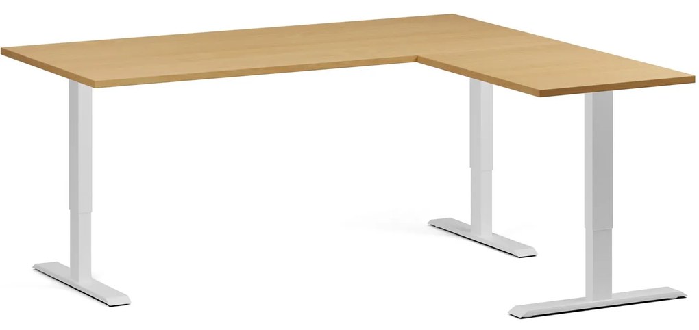 Výškovo nastaviteľný stôl, 180x160 cm, 3 motory, L/P, biela podnož, buk