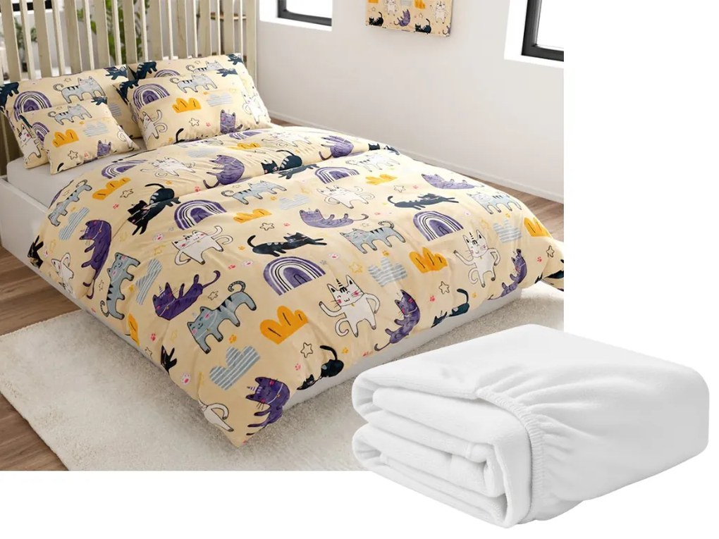 Sada mikroplyšových obliečok PURRSLEEP béžové + plachta mikroplyš SOFT 180x200 cm biela, dvojlôžko
