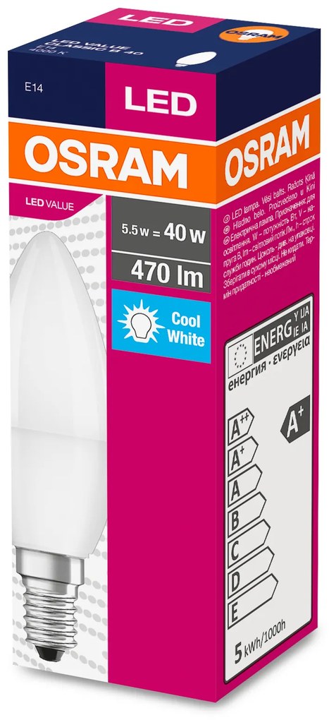 OSRAM LED žiarovka VALUE, E14, sviečka, 5,5W, 470lm, 4000K, neutrálna biela