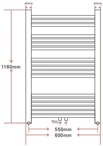 Rebríkový radiátor na centrálne vykurovanie, rovný 600 x 1160 mm-