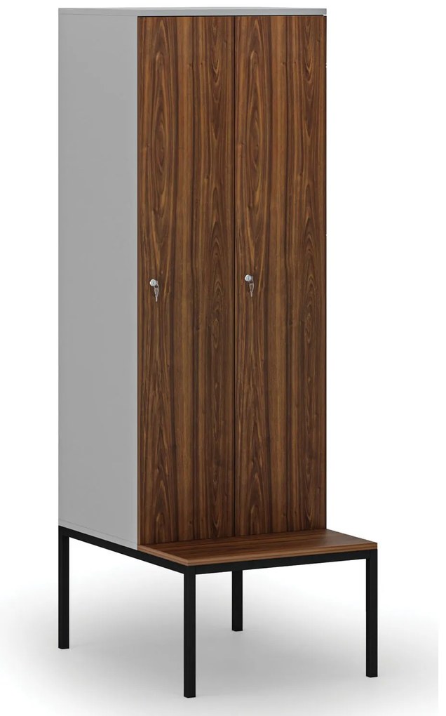 Drevená šatníková skrinka S4 s lavičkou, 2 oddiely, 1871 x 600 x 500/800 mm, demont, cylindrický zámok, sivá/orech