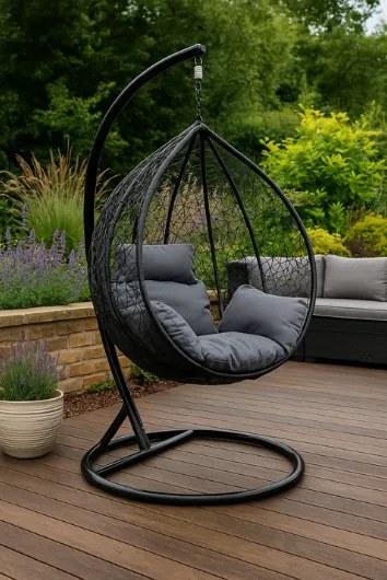 Závesné kreslo 02 čierne so sivou poduškou