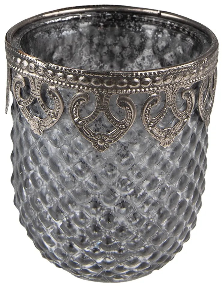 Šedý sklenený svietnik na čajovú sviečku so ozdobným okrajom - Ø 8*9 cm