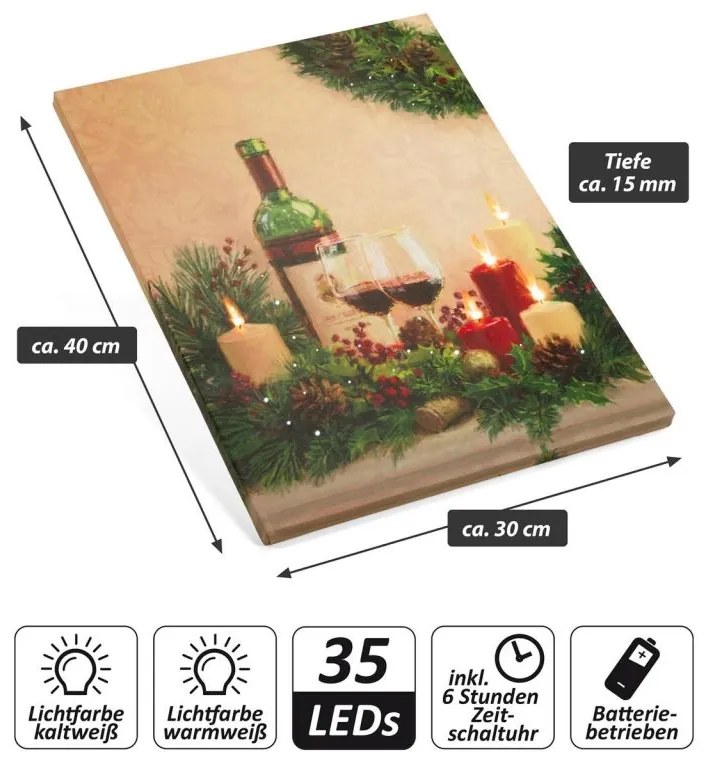 Nexos 86706 Nástenná maľba sviečky s vínom, 5 LED, 30 x 40 cm