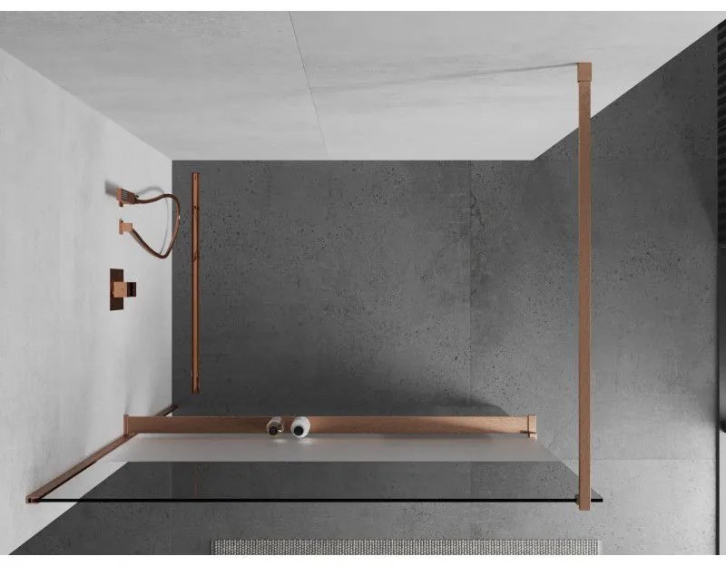 Mexen Kioto+, sprchová zástena Walk-In s poličkou a vešiakom 90 x 200 cm, 8mm číre sklo-námraza, medený matný profil, 800-090-121-65-35