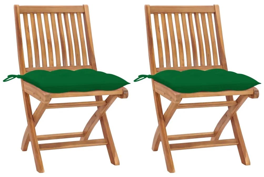 Záhradné stoličky 2 ks, zelené podložky, tíkový masív 3062453