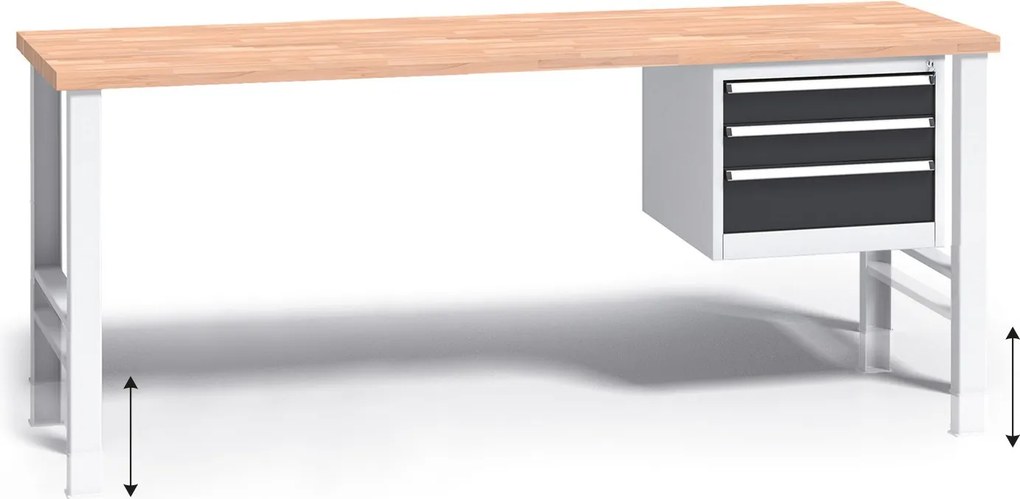 Výškovo nastaviteľný pracovný stôl do dielne G3 so závesným boxom na náradie, buková škárovka, 3 zásuvky, 2000 x 685 x 840 - 1050 mm, grafit