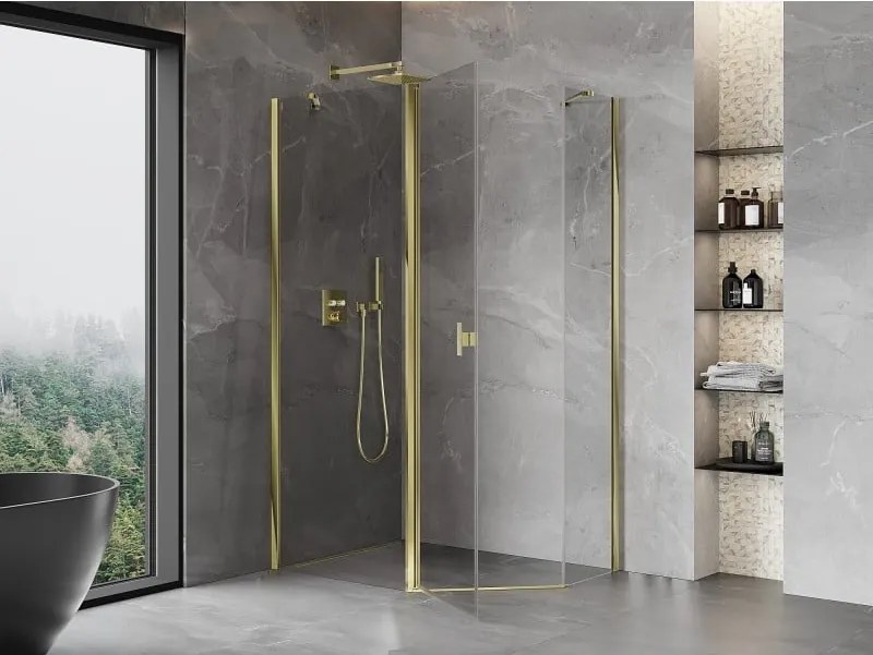 Mexen Mist, päťuholníkový sprchový kút výklopný 100 x 90 cm, číre sklo, zlatý lesklý profil, 8A8-100-090-50-00
