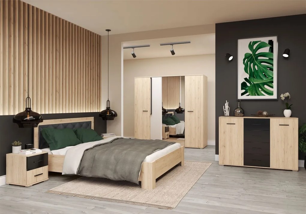 Posteľ BARI 160x200 dub san remo/čierna eko kůže