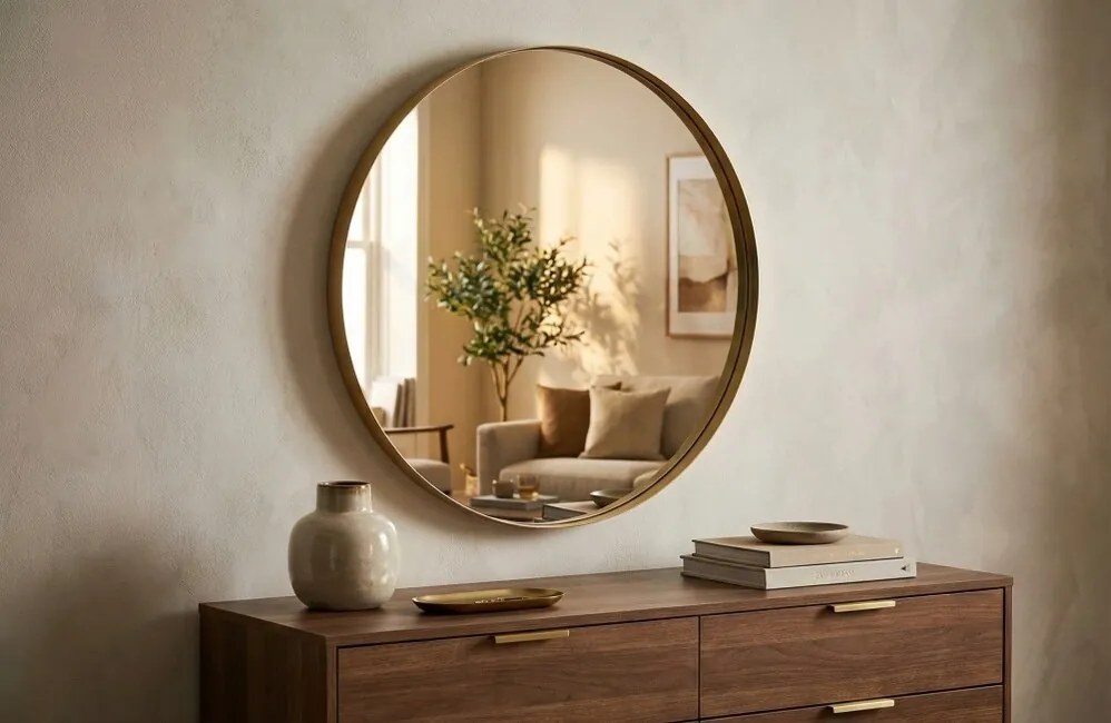 Okrúhle zrkadlo Lineo Gold – Zlatý kovový rám (Ø 76 cm)