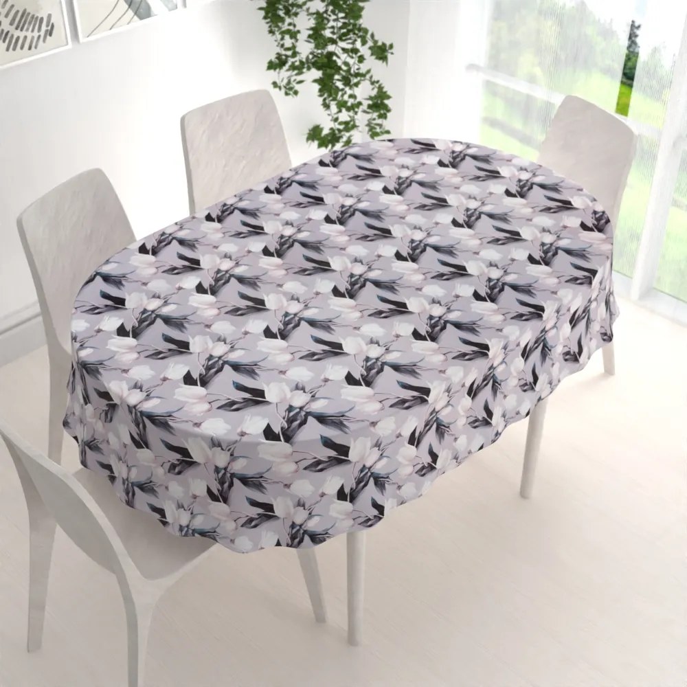 Biante Dekoračný oválny obrus PML-034 Biele tulipány na sivom 140x180 cm