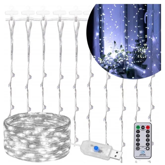SPRINGOS LED Nano svetelný záves - 3x3m, 300LED, 8 funkcií, ovládač, USB, IP44, studená biela