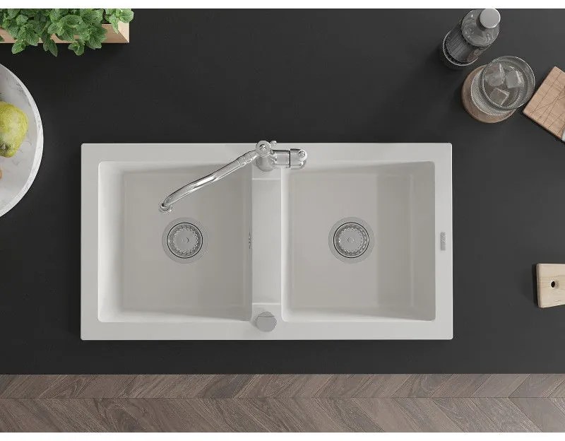 Mexen Mario, granitový drez 820x436x161 mm, 2-komorový a drezová batéria Carla, biela, 6504-20-670700-00