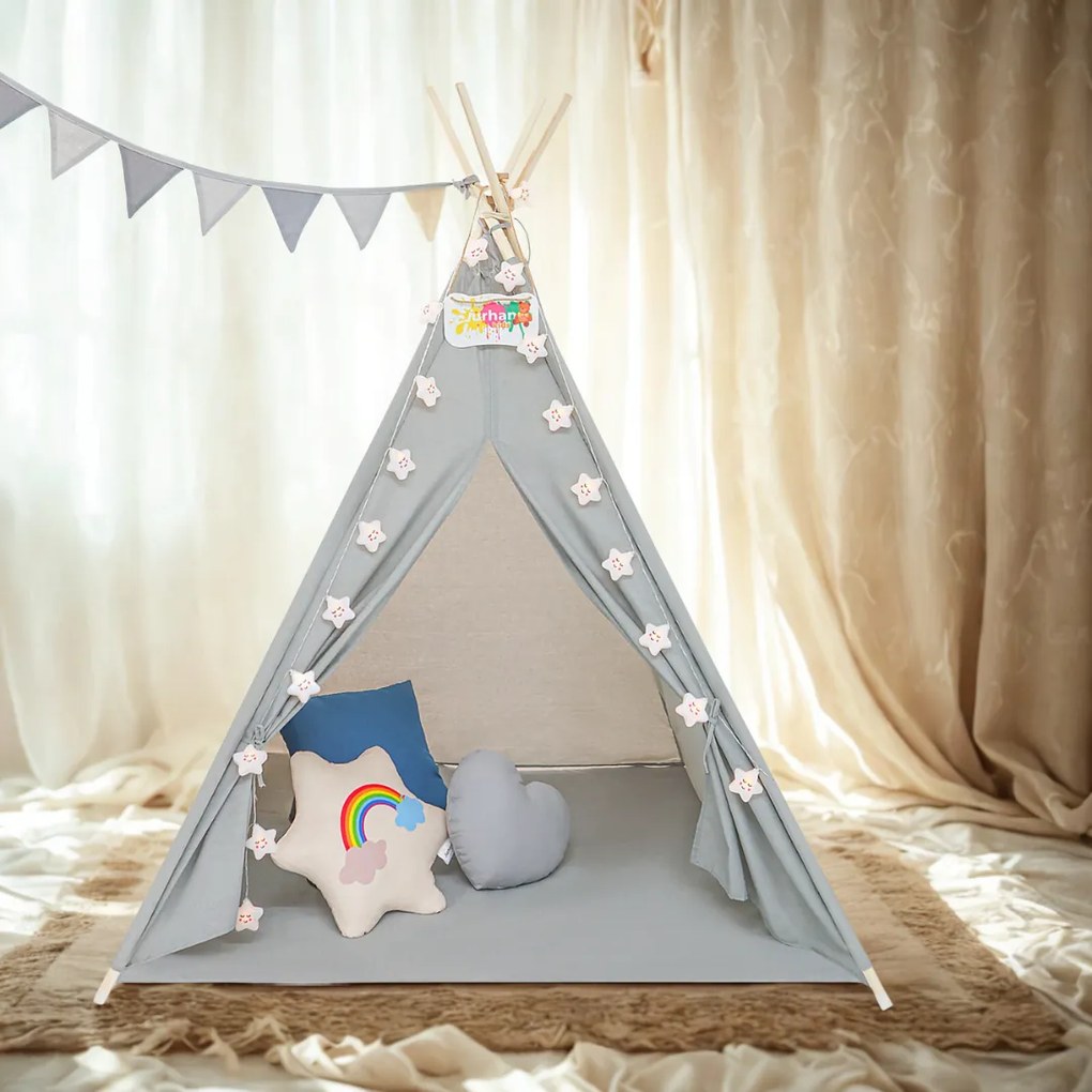 Jurhan Detský stan teepee JULIUS, 120x120x160cm, šedá/modrá