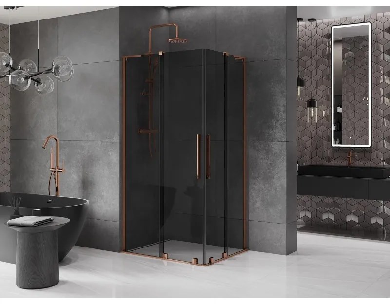 Mexen Velar L Duo, sprchový kút s posuvnými dverami 90 x 80 cm, 8mm šedé sklo, ružové zlato, 871-090-080-02-43-60