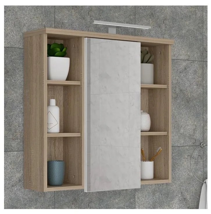 Nástenná kúpeľňová skrinka so zrkadlom VENOM biela/dub sonoma