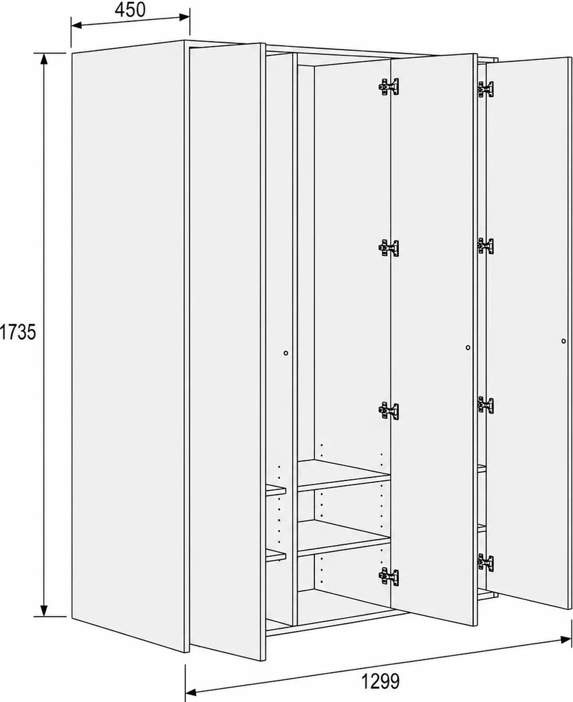 Šatníková skriňa FRAME, 3 oddiely, 1299 x 450 x 1735 mm, PUSH-lock, dub prírodný