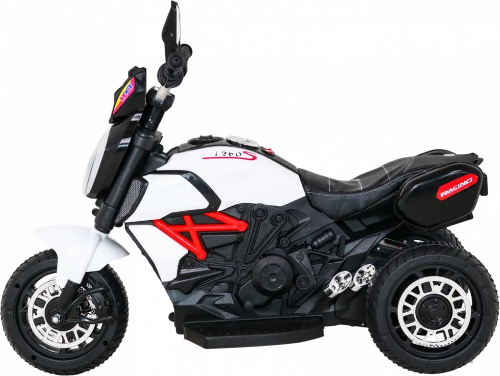 Ramiz Rýchla turistická motorka na batérie pre deti Biela + Audio + Svetlá + Eko koža