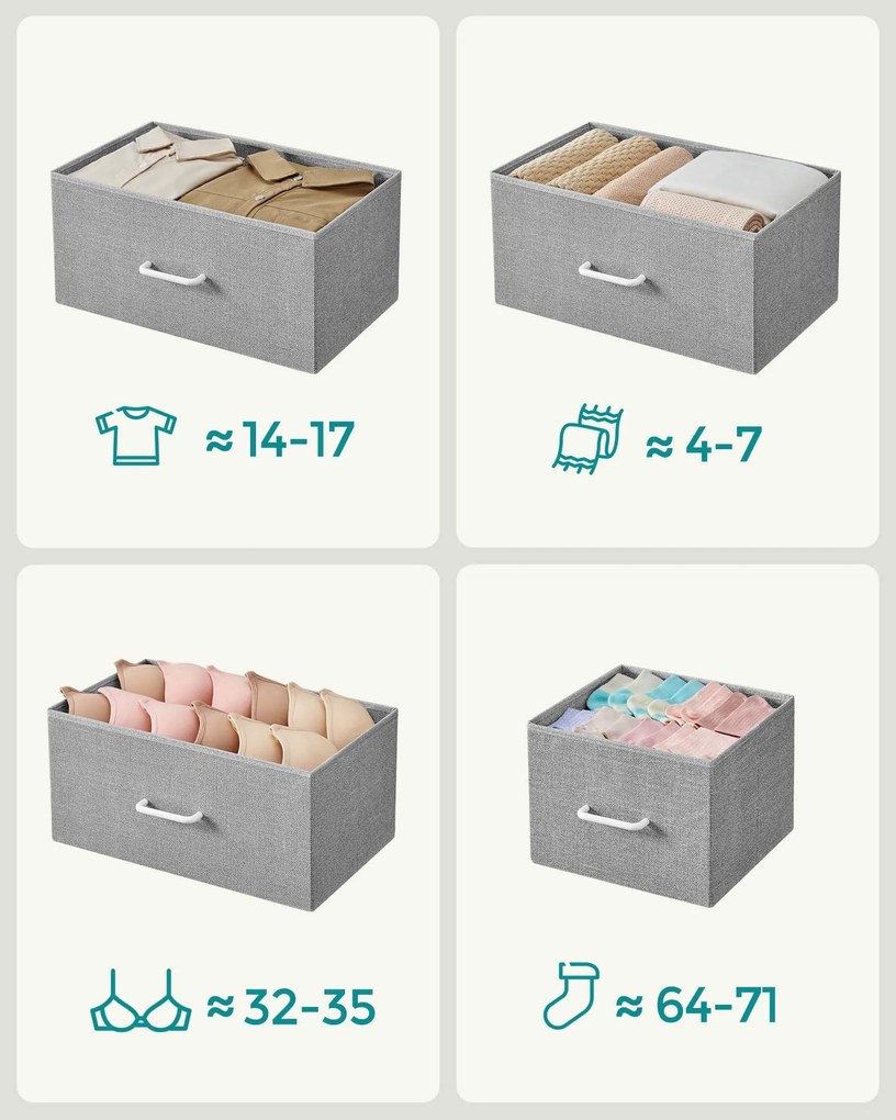 Komoda, 7 látkových zásuviek s rukoväťmi, kovový rám, sivá a biela