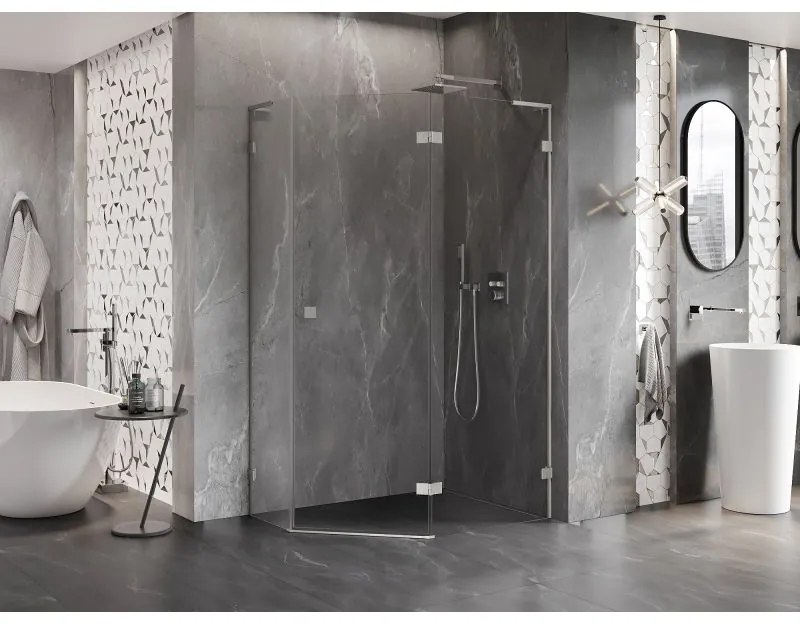 Mexen Lunar, L pravý výklopný päťuholníkový sprchový kút 100x80 cm, 8mm číre sklo, oceľový profil, 831L-100P-080L-97-00-P