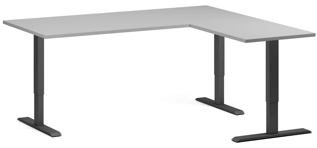 Výškovo nastaviteľný stôl, 180x160 cm, 3 motory, L/P, čierna podnož, sivá