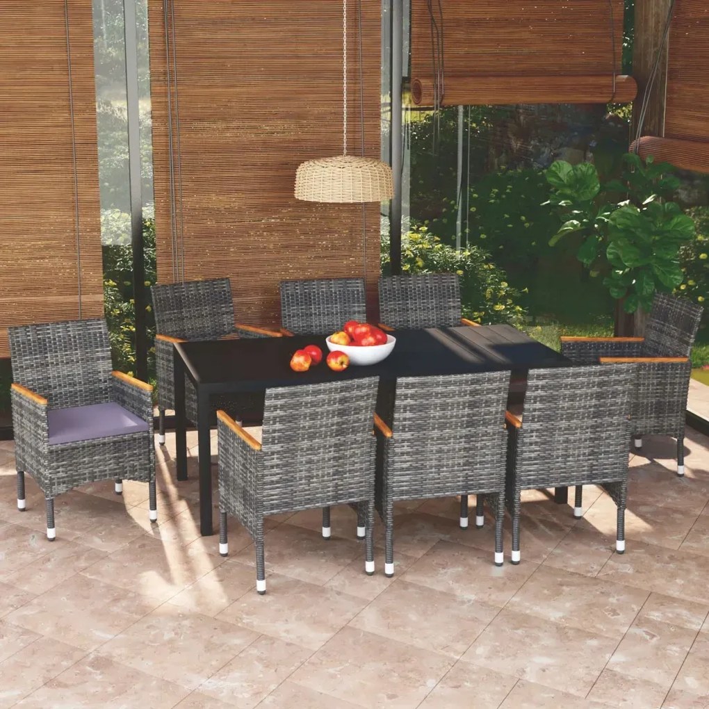 vidaXL 9-dielna záhradná jedálenská súprava s vankúšmi polyratan sivá