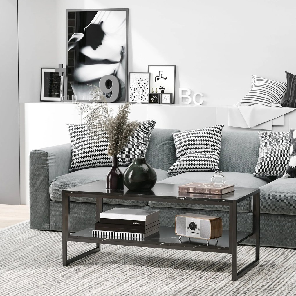 HOMCOM Moderný konferenčný stolík s 2 policami 106 x 50 x 47 cm Čierny | Aosom