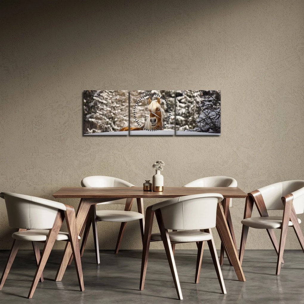 Obraz - Kôň v zimnej krajine (s hodinami) (90x30 cm)